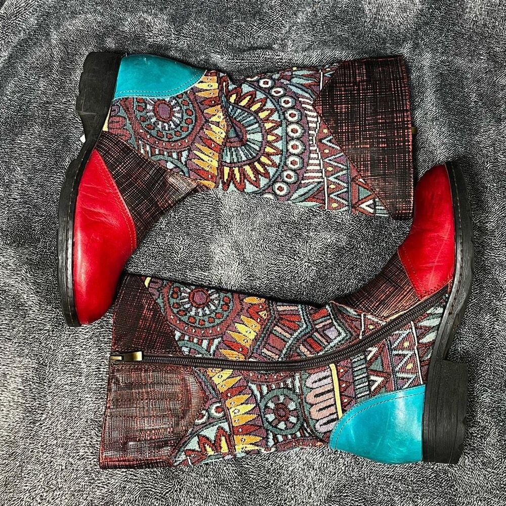 Socofy Bohemian Splicing Pattern Zipper Flat Leather Knee Boots Size 7US/ 38 EU